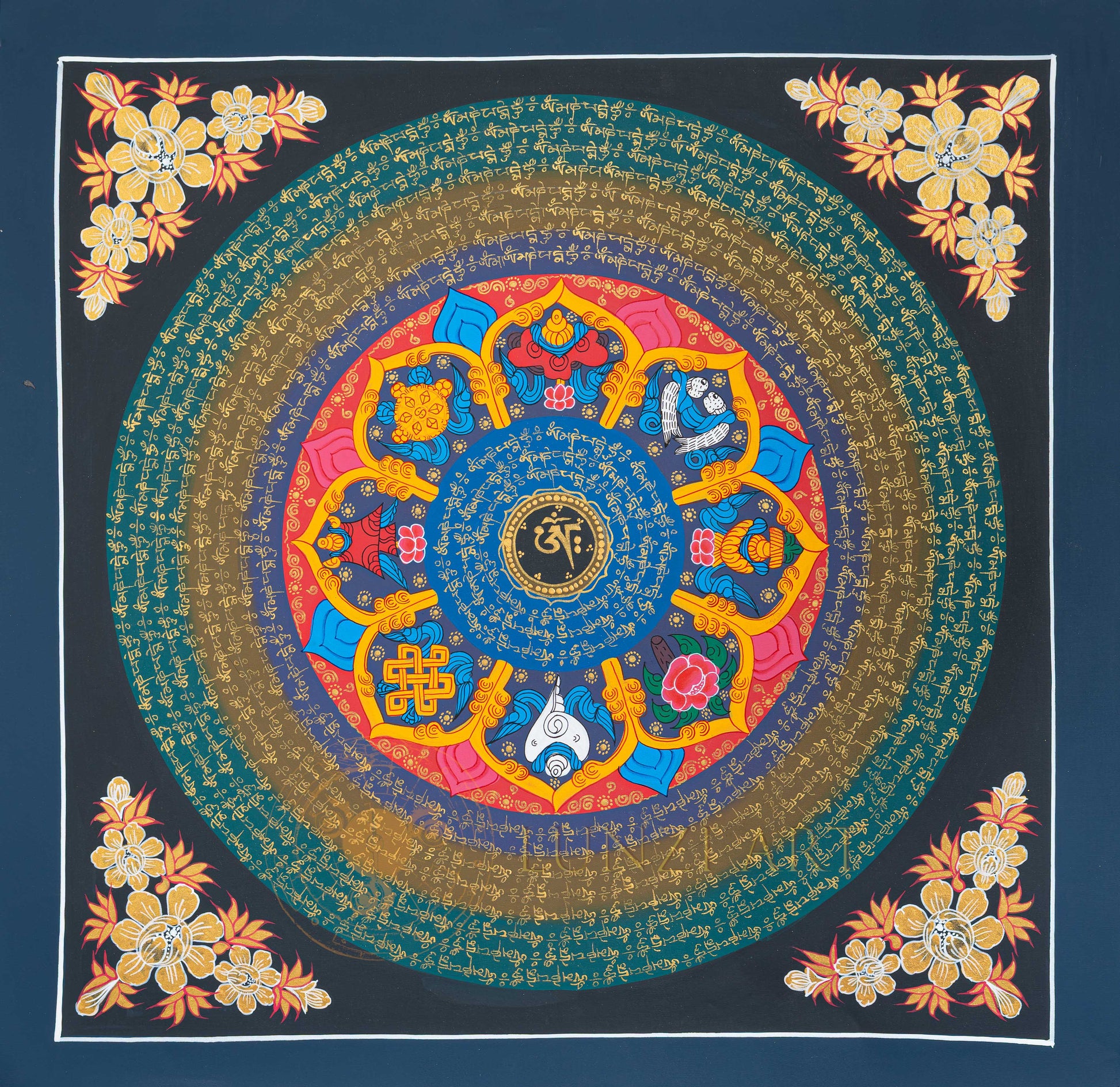 Hand-Painted Ashtamangala Om Mantra Mandala Thangka - T-N-ET-CB-MM-0035