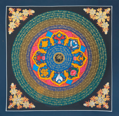Hand-Painted Ashtamangala Om Mantra Mandala Thangka - T-N-ET-CB-MM-0035