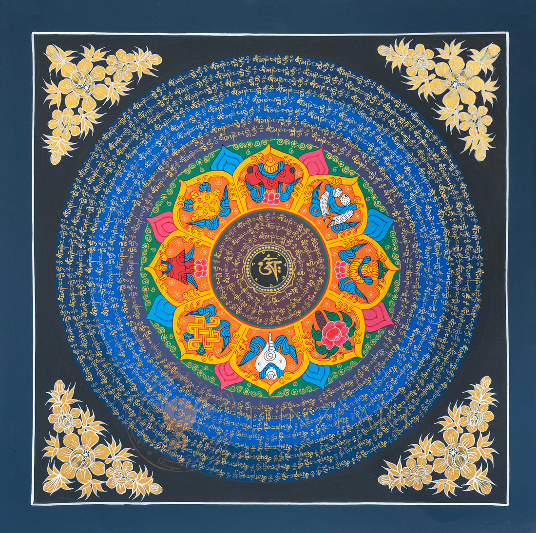 Hand-Painted Ashtamangala Om Mantra Mandala Thangka - T-N-ET-CB-MM-0036