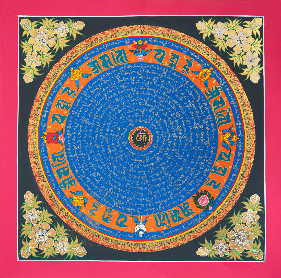Hand-Painted Ashtamangala Om Mantra Mandala Thangka - T-N-ET-CB-MM-0037