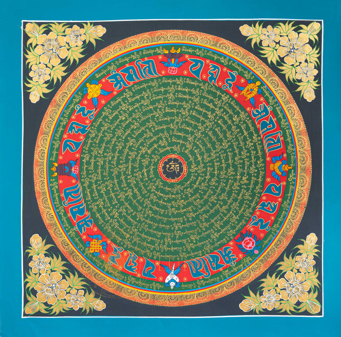 Hand-Painted Ashtamangala Om Mantra Mandala Thangka - T-N-ET-CB-MM-0038