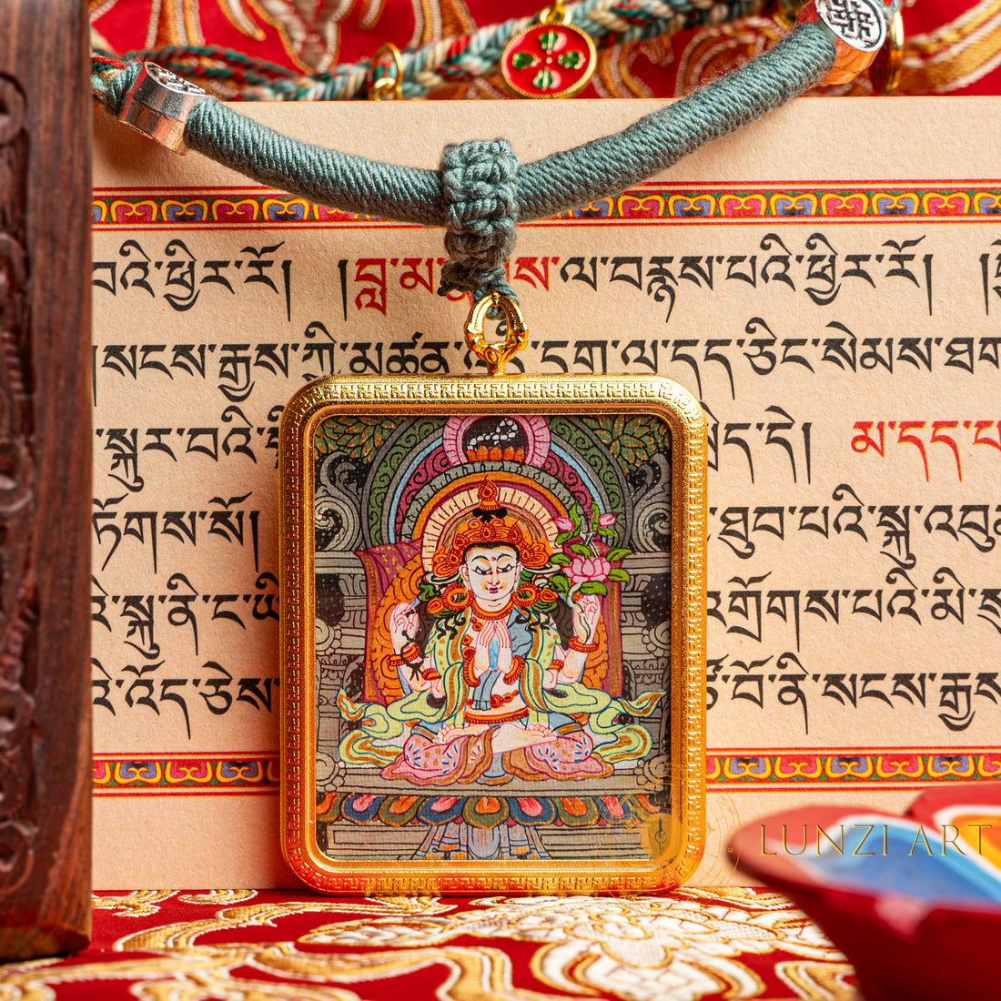 Hand-Painted Avalokiteshvara (Chenrezig) Rectangular Locket (Ghau) Thangka - L-C-64
