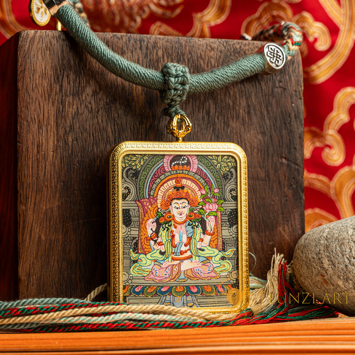 Hand-Painted Avalokiteshvara (Chenrezig) Rectangular Locket (Ghau) Thangka - L-C-64