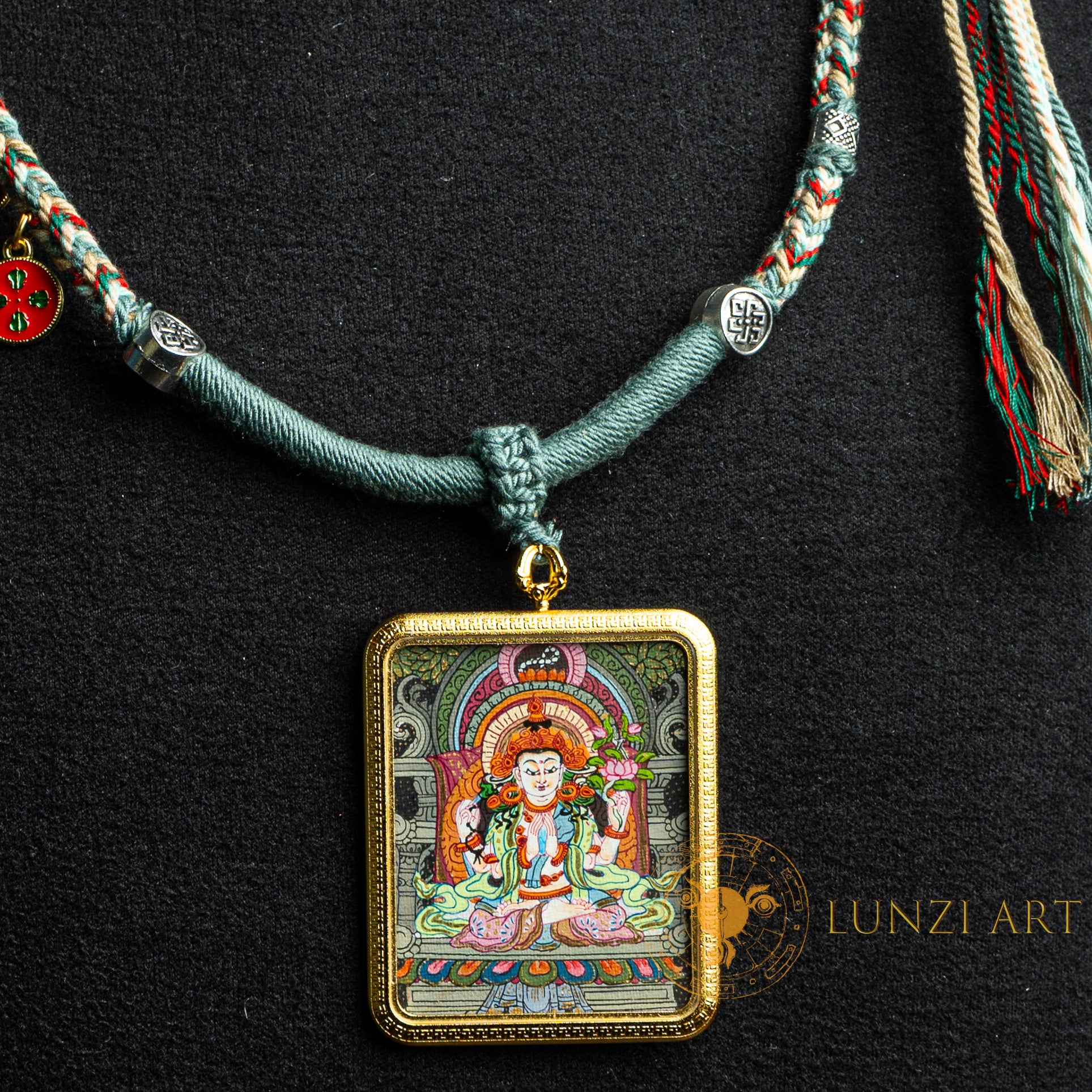 Hand-Painted Avalokiteshvara (Chenrezig) Rectangular Locket (Ghau) Thangka - L-C-64