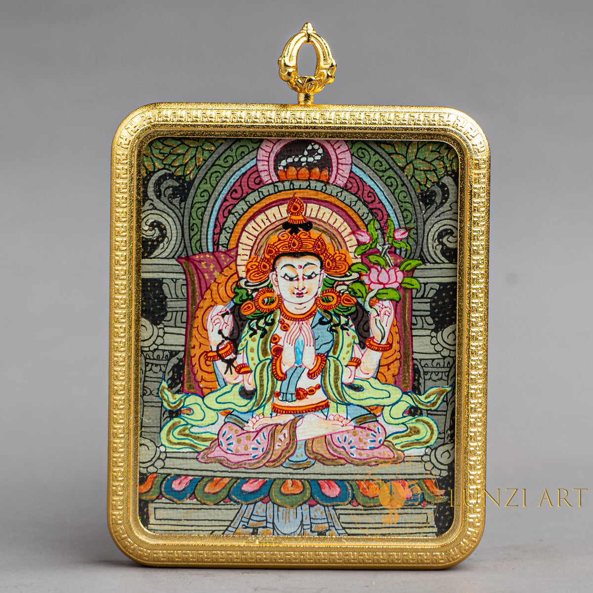 Hand-Painted Avalokiteshvara (Chenrezig) Rectangular Locket (Ghau) Thangka - L-C-64