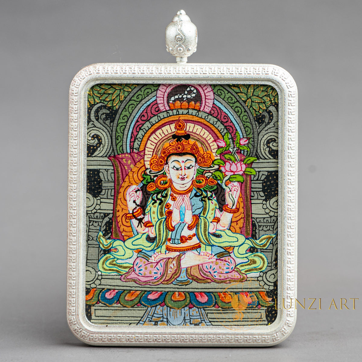 Hand-Painted Avalokiteshvara (Chenrezig) Rectangular Locket (Ghau) Thangka - L-C-64