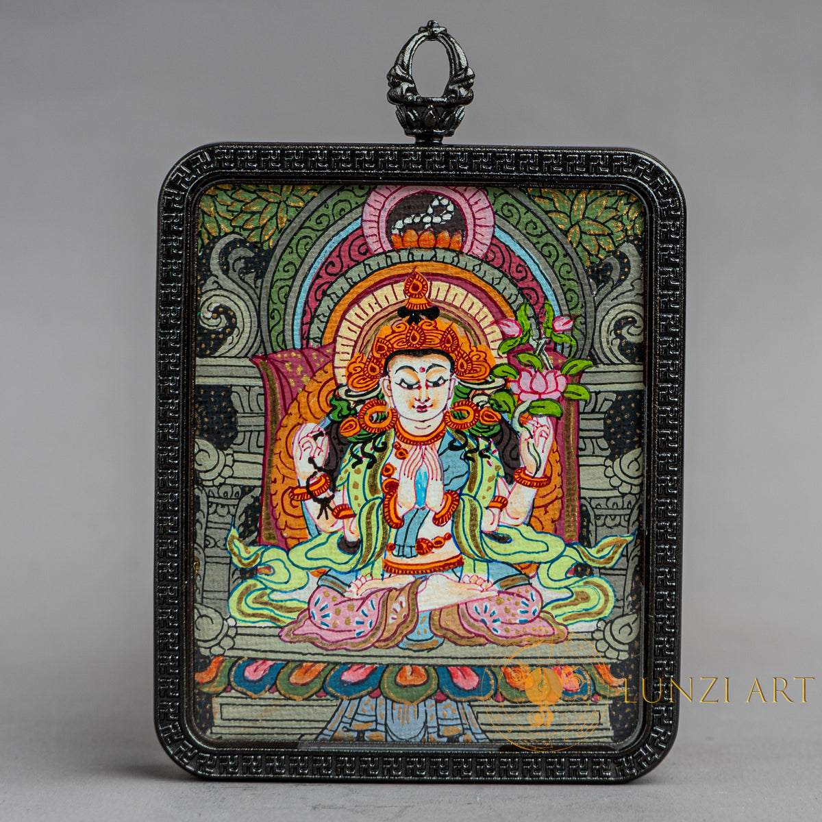 Hand-Painted Avalokiteshvara (Chenrezig) Rectangular Locket (Ghau) Thangka - L-C-64
