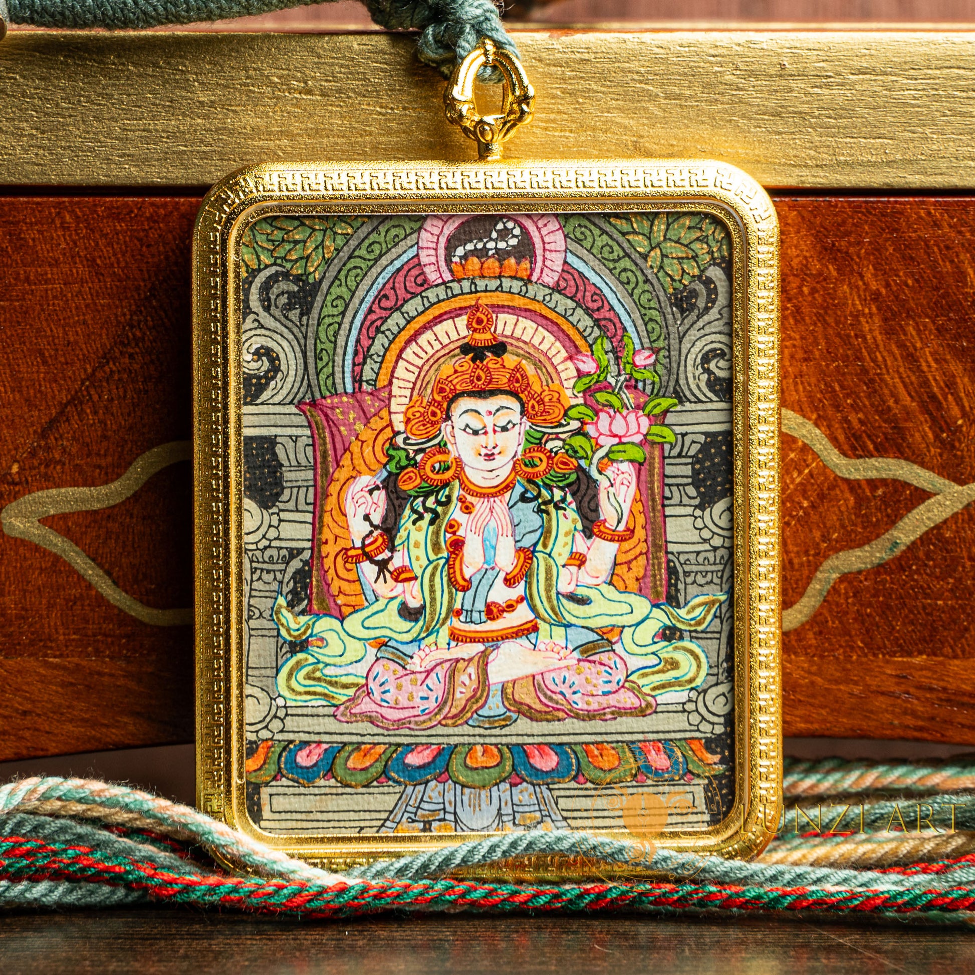 Hand-Painted Avalokiteshvara (Chenrezig) Rectangular Locket (Ghau) Thangka - L-C-64-L-C-64-L-C-64
