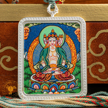 Hand-Painted Avalokiteshvara Locket Thangka: The All-Seeing Listener - L-MFA-0017