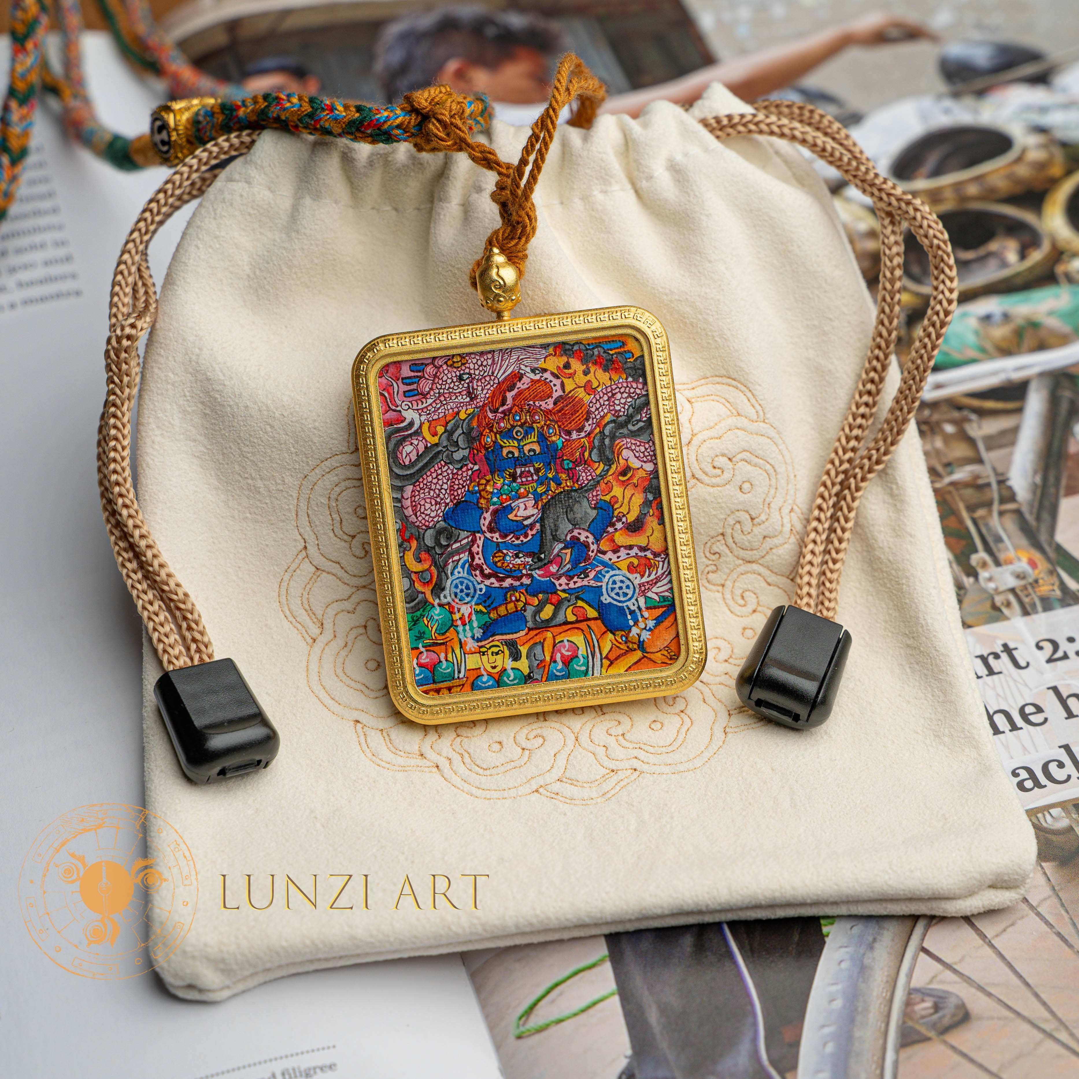 Hand-Painted Black Jambhala Ghau Locket Thangka