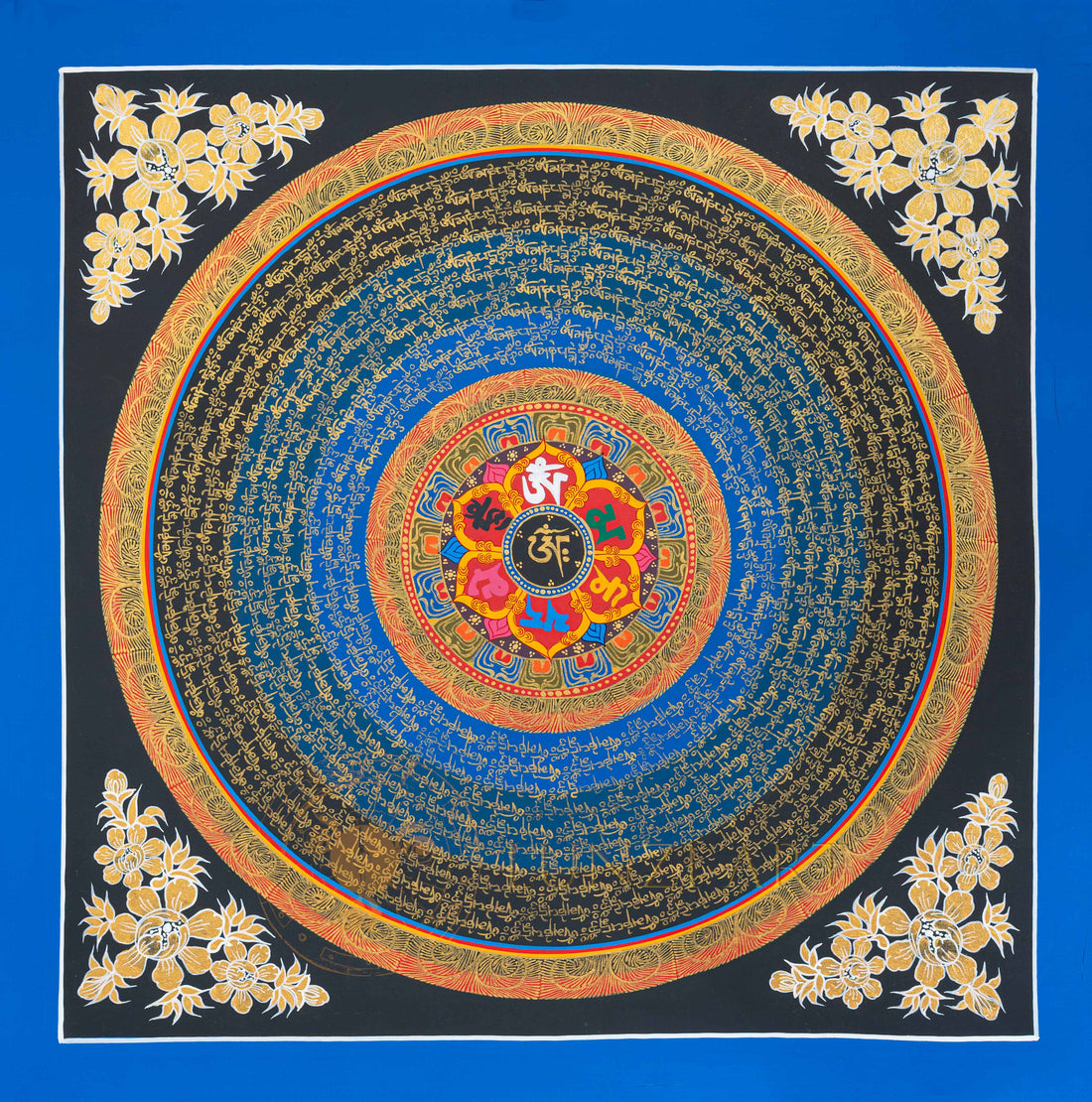 Hand-Painted Blue & Gold Om Mantra Mandala Thangka - T-N-ET-CB-MM-0034