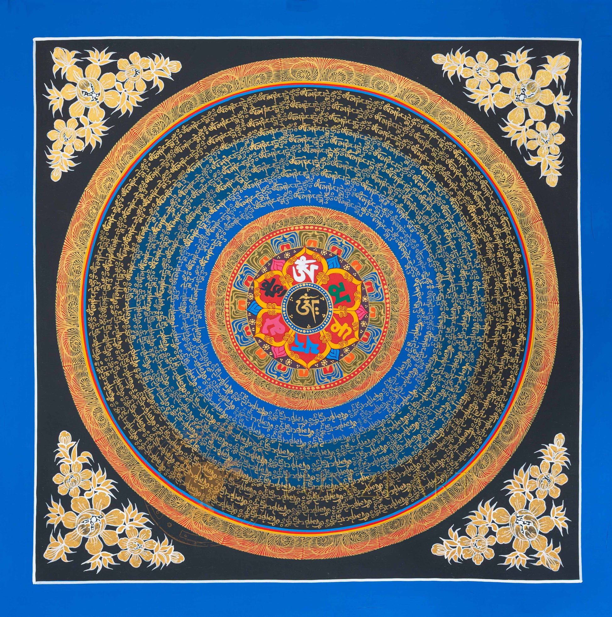 Hand-Painted Blue & Gold Om Mantra Mandala Thangka - T-N-ET-CB-MM-0034