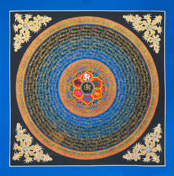 Hand-Painted Blue & Gold Om Mantra Mandala Thangka - T-N-ET-CB-MM-0034