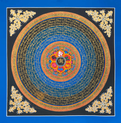 Hand-Painted Blue & Gold Om Mantra Mandala Thangka - T-N-ET-CB-MM-0034