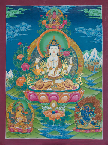 Hand-Painted Chenrezig Thangka - Thangka