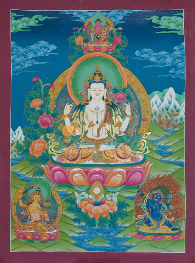 Hand-Painted Chenrezig Thangka - Thangka