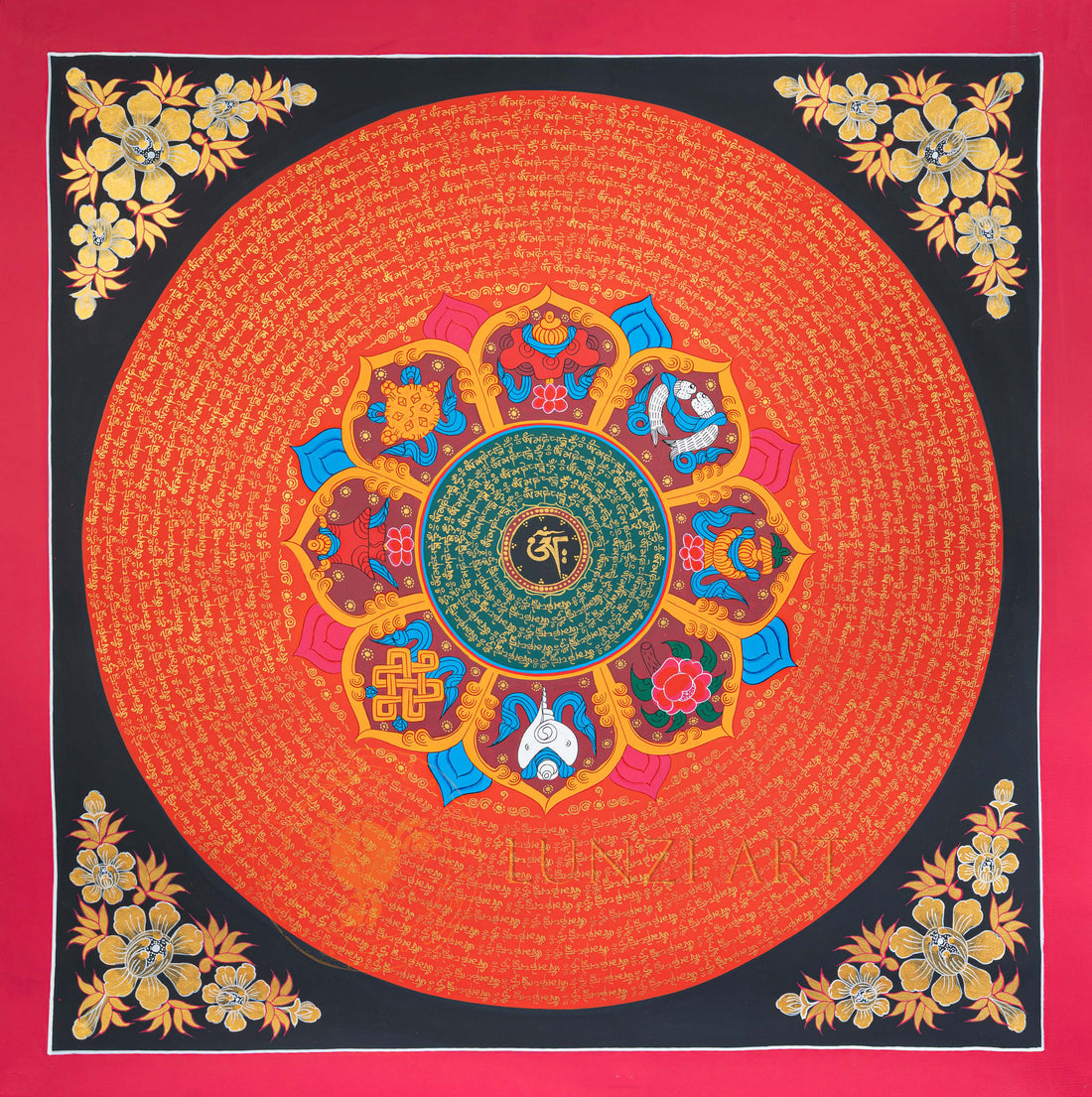 Hand-Painted Eight Auspicious Signs Om Mantra Mandala Thangka - T-N-ET-CB-MM-0033