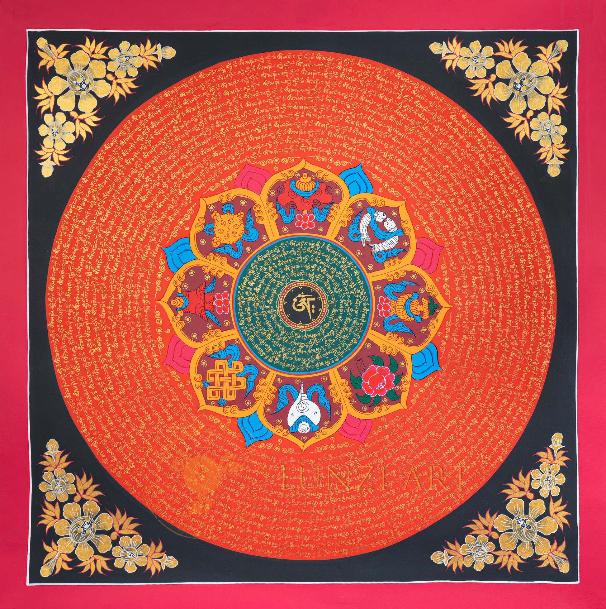 Hand-Painted Eight Auspicious Signs Om Mantra Mandala Thangka - T-N-ET-CB-MM-0033