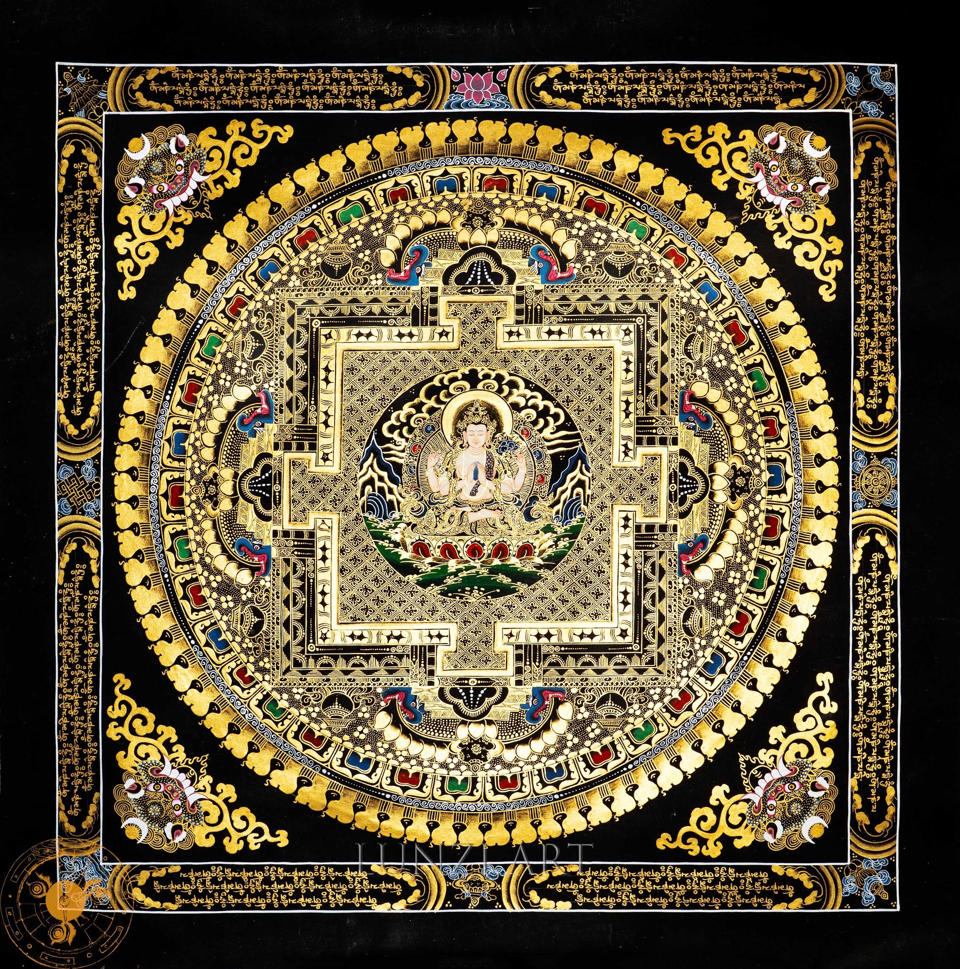 Hand-Painted Four-Armed Chenrezig Mandala Thangka: Compassion Embodied in Sacred Art - Thangka