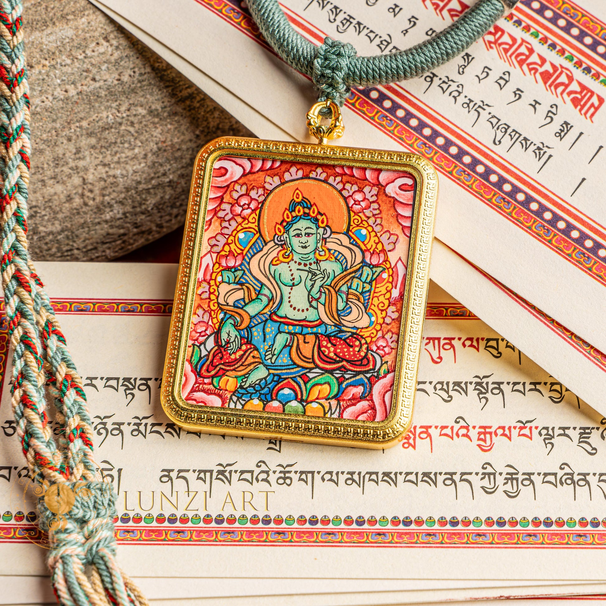 Hand Painted Green Tara Locket (Ghau) Thangka - L-GT-34-L-GT-35-L-GT-36