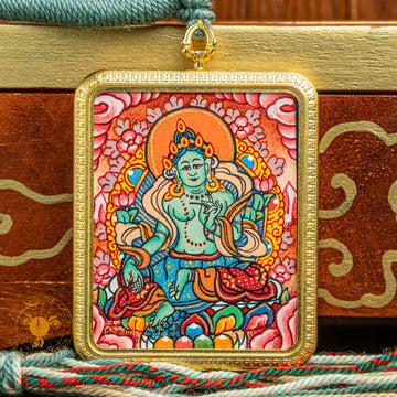 Hand Painted Green Tara Locket (Ghau) Thangka - L-GT-34-L-GT-35-L-GT-36