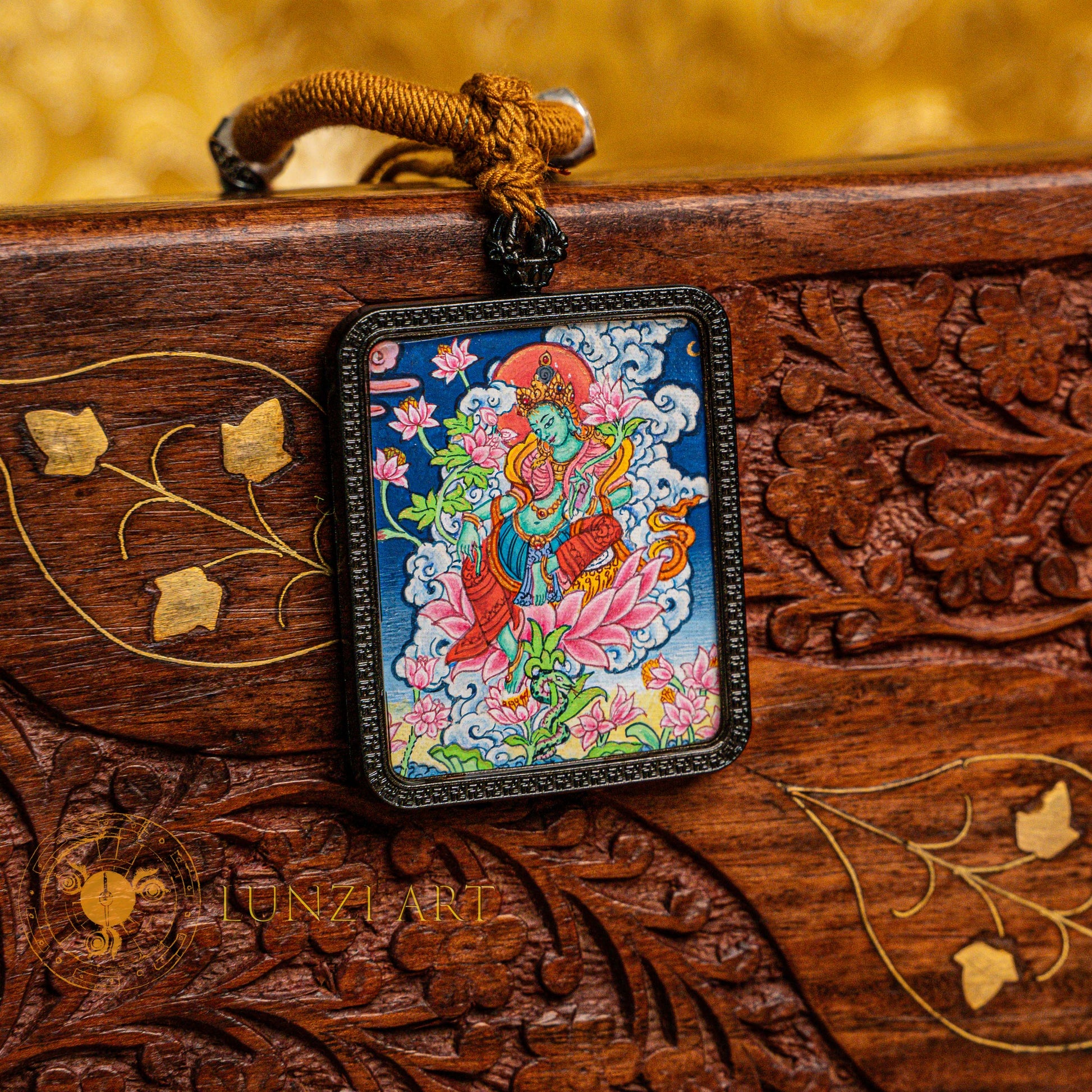 Hand-Painted Green Tara Paubha Locket: The Swift Savior - L-NGT-0023