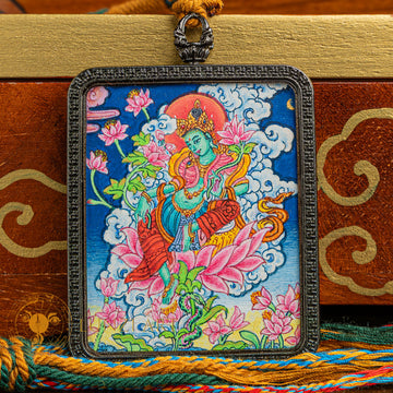 Hand-Painted Green Tara Paubha Locket: The Swift Savior - L-NGT-0023