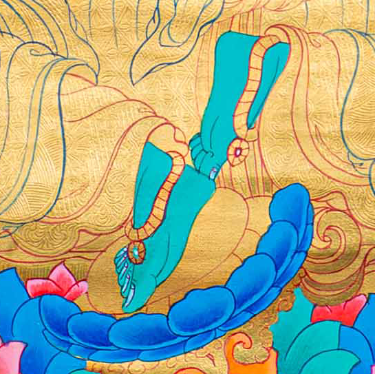 Hand-Painted Green Tara Thangka Lapped by Gold - T-S-BT-RB-AU-TT-0068