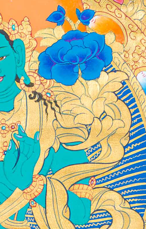 Hand-Painted Green Tara Thangka Lapped by Gold - T-S-BT-RB-AU-TT-0068
