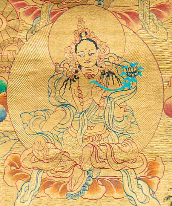 Hand-Painted Green Tara Thangka Lapped by Gold - T-S-BT-RB-AU-TT-0068
