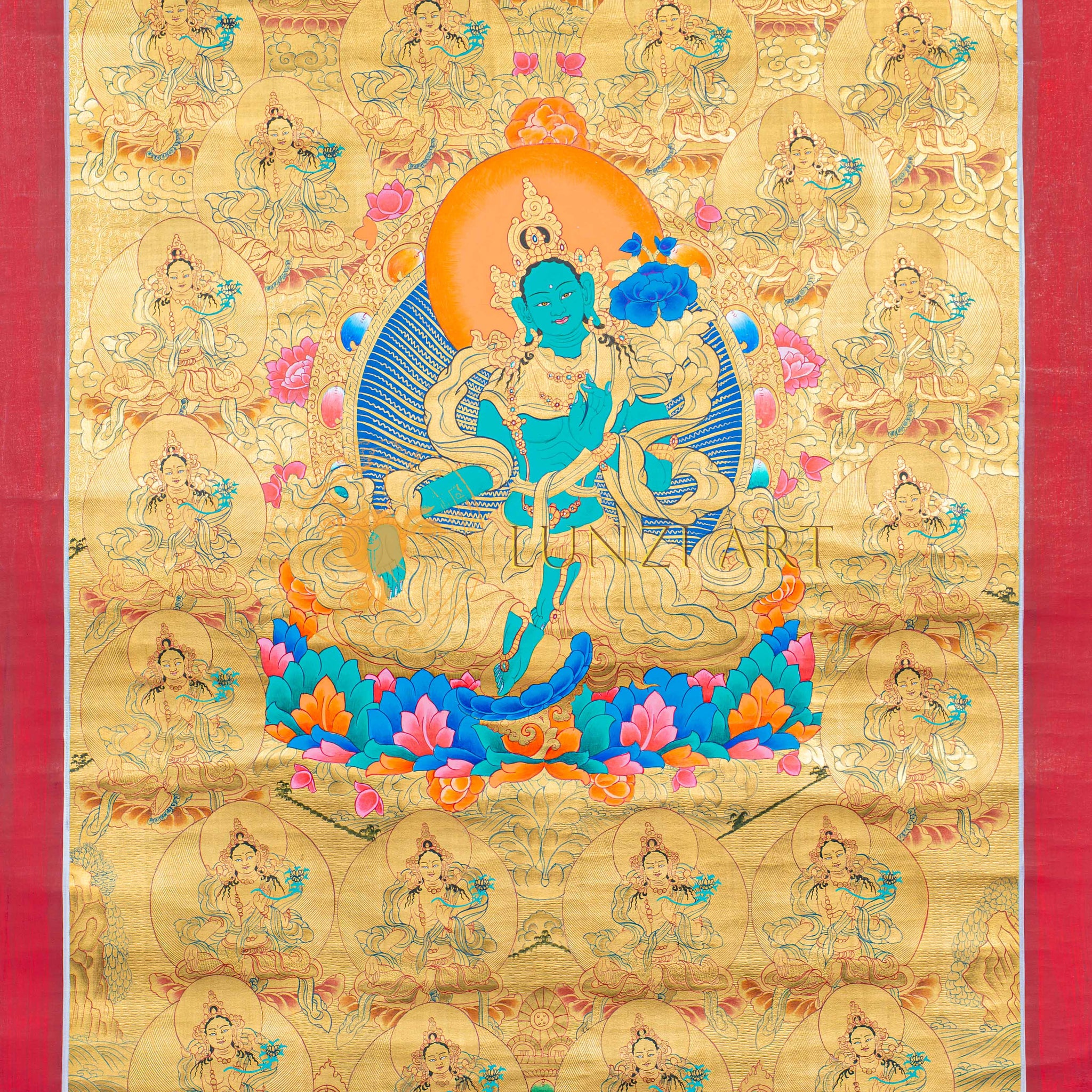 Hand-Painted Green Tara Thangka Lapped by Gold - Thangka