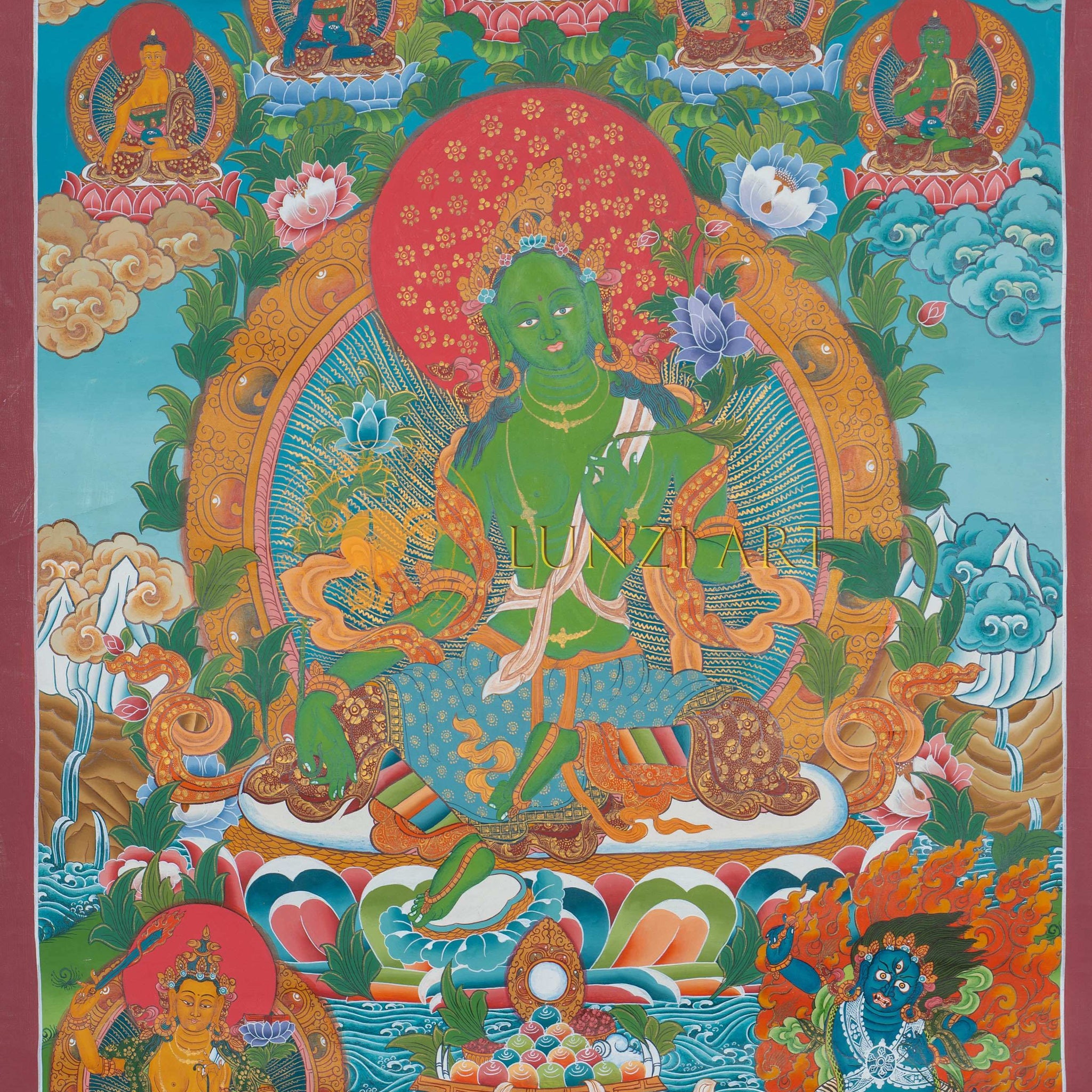 Hand-Painted Green Tara Thangka - Thangka