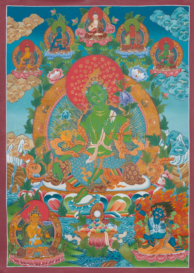 Hand-Painted Green Tara Thangka - Thangka