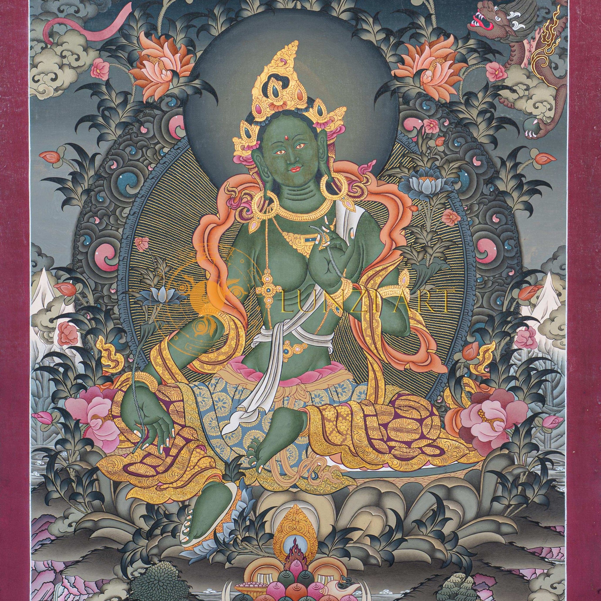 Hand-Painted Green Tara Thangka - Thangka