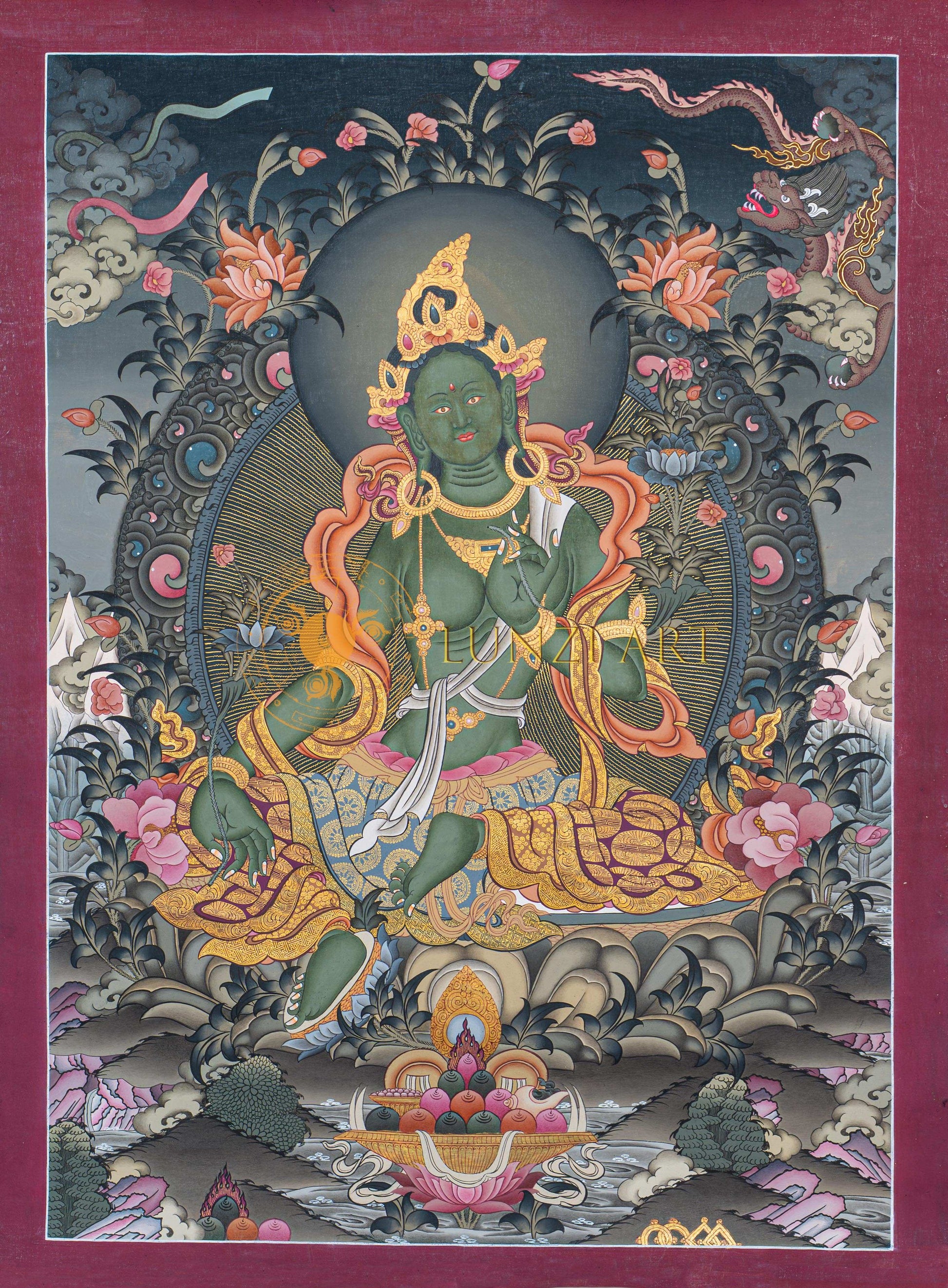 Hand-Painted Green Tara Thangka - Thangka
