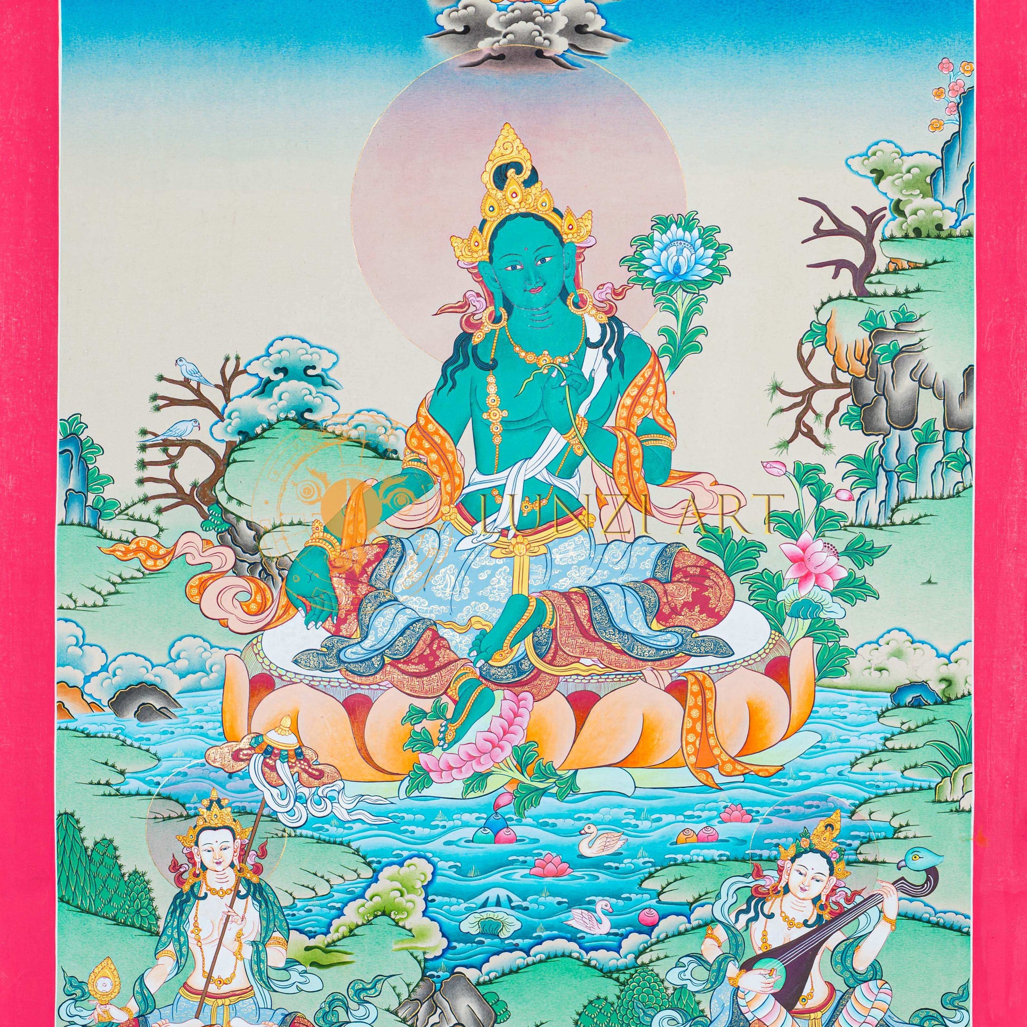 Hand-Painted Green Tara Thangka - Thangka