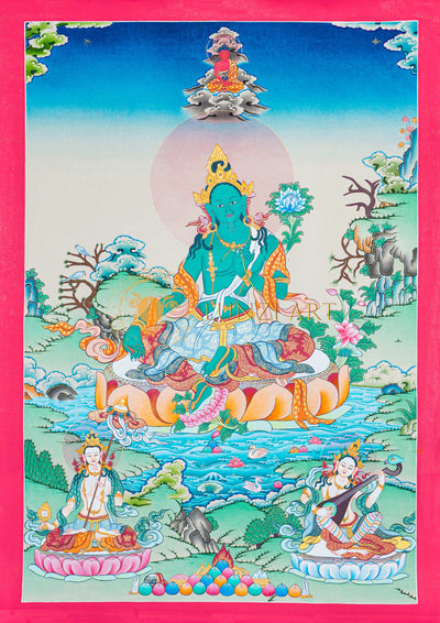 Hand-Painted Green Tara Thangka - Thangka