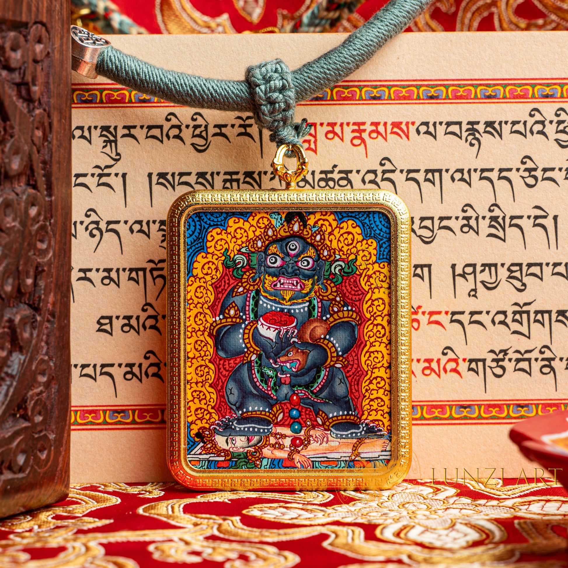Hand-Painted Jambhala Rectangular Locket (Ghau) Thangka - L-J-63