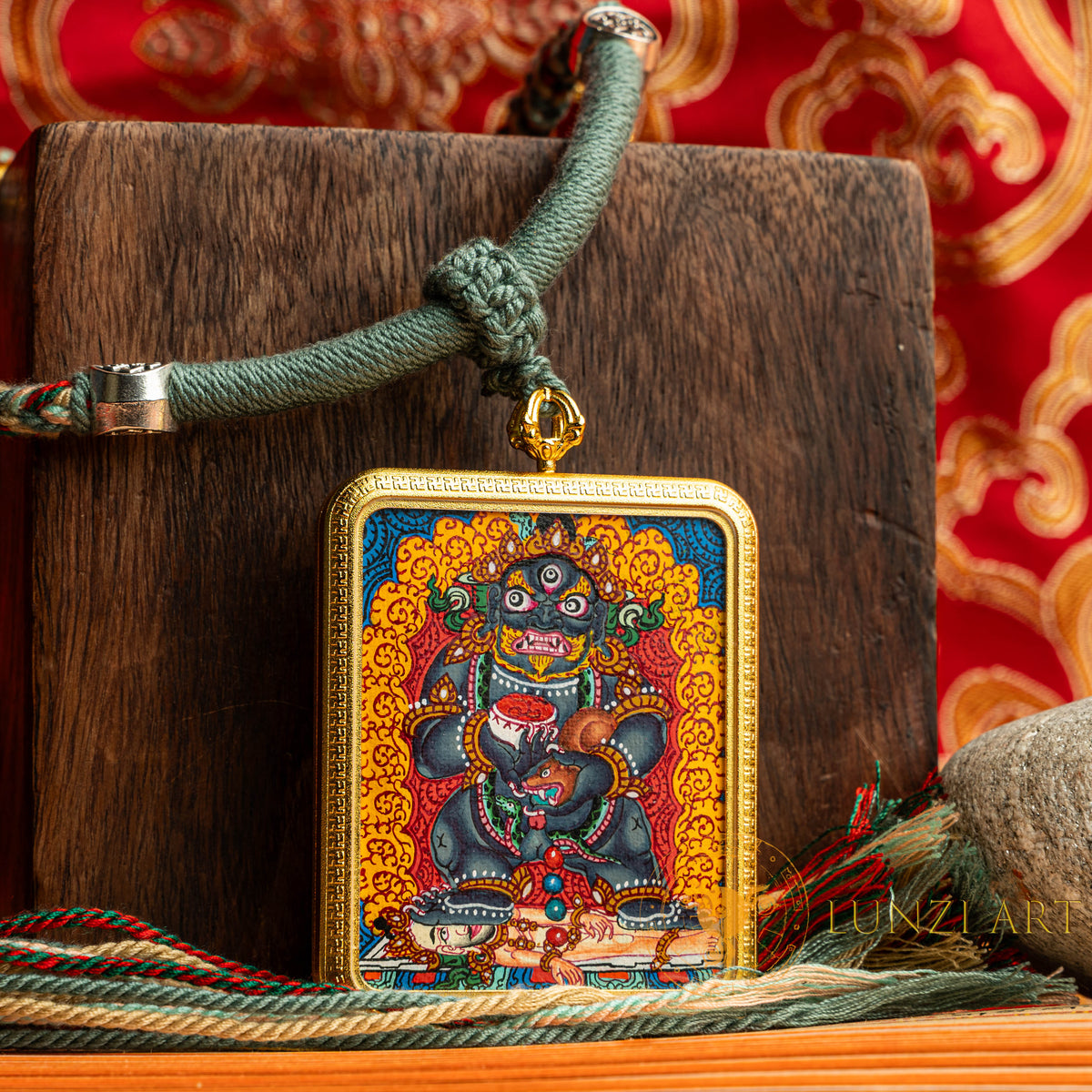 Hand-Painted Jambhala Rectangular Locket (Ghau) Thangka - L-J-63