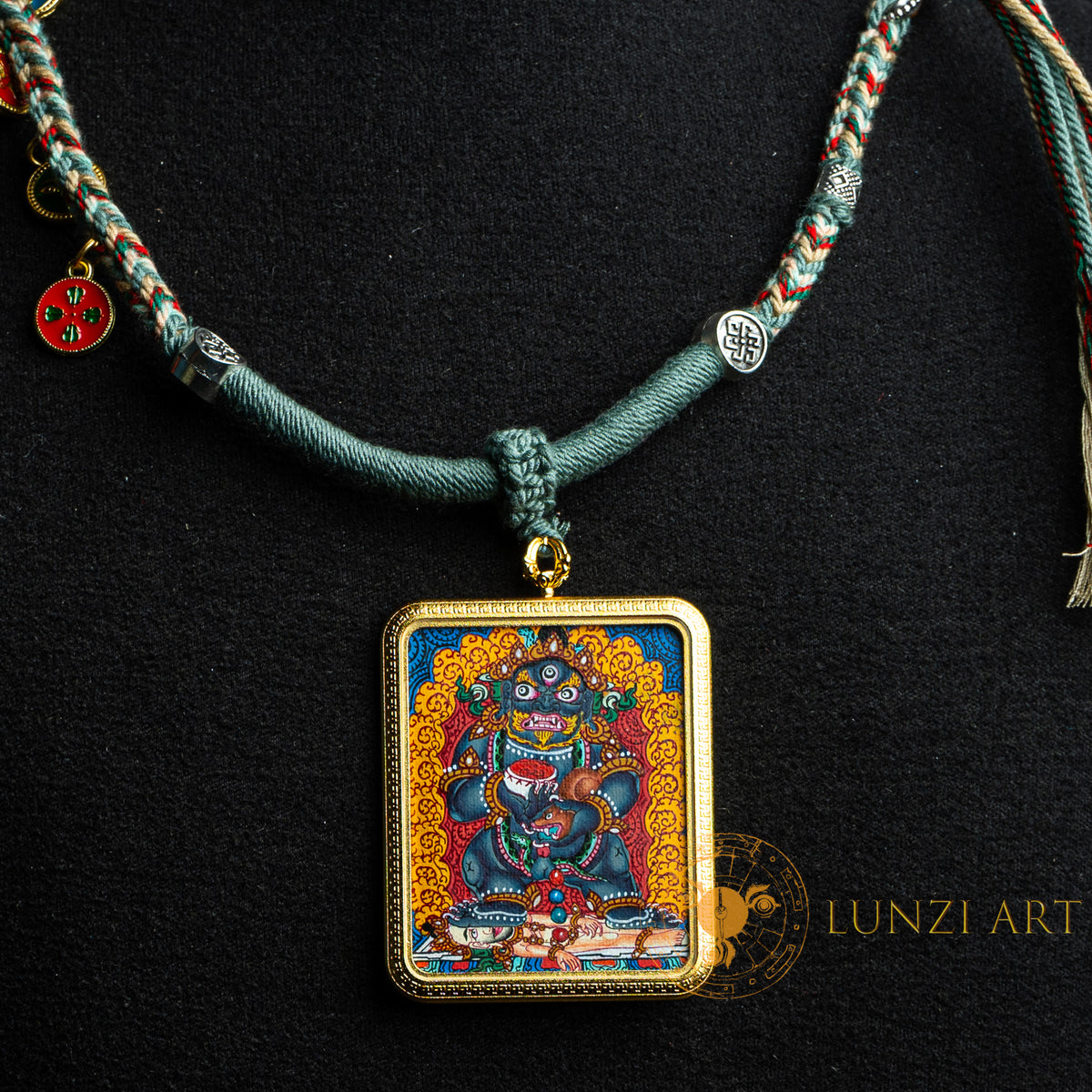 Hand-Painted Jambhala Rectangular Locket (Ghau) Thangka - L-J-63