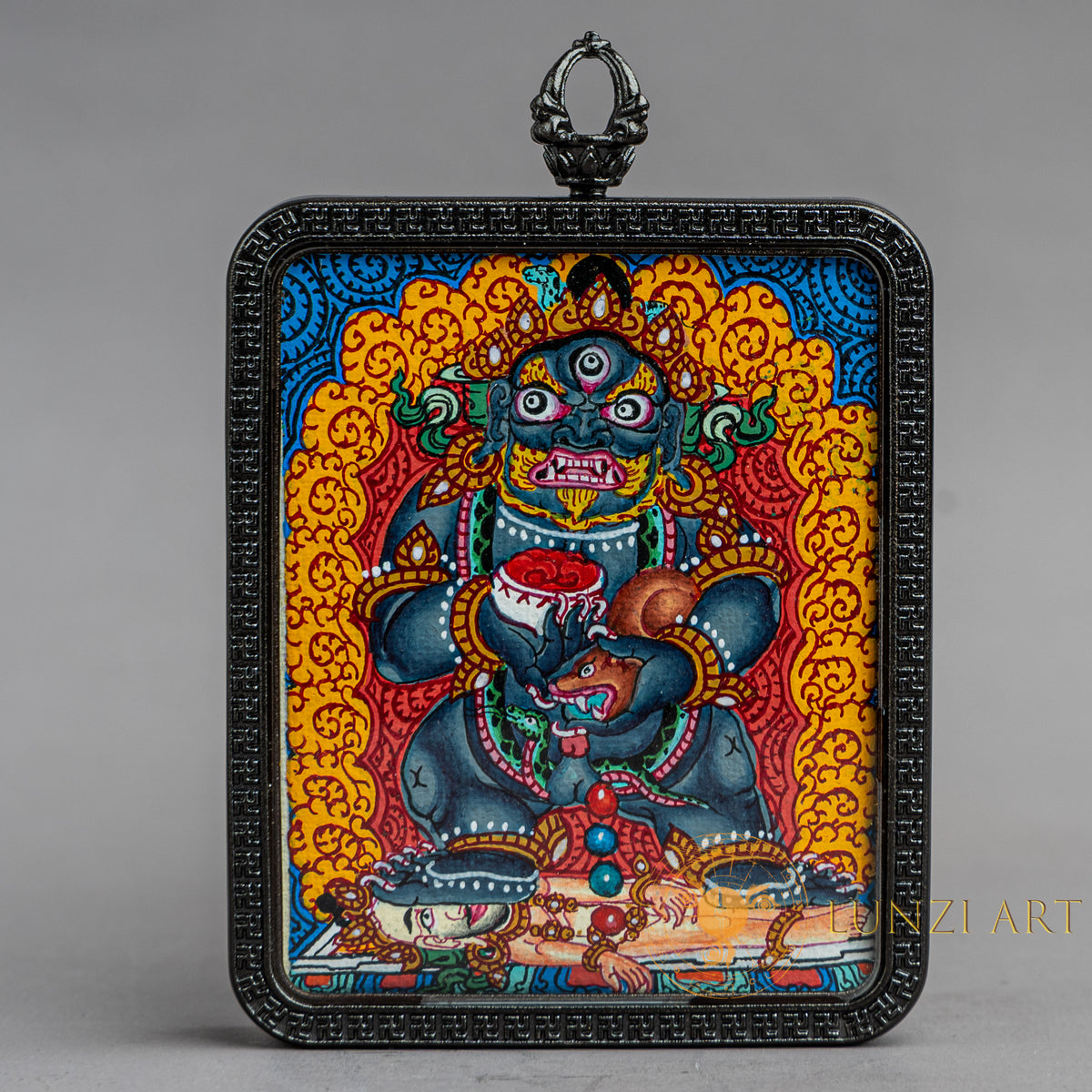 Hand-Painted Jambhala Rectangular Locket (Ghau) Thangka - L-J-63