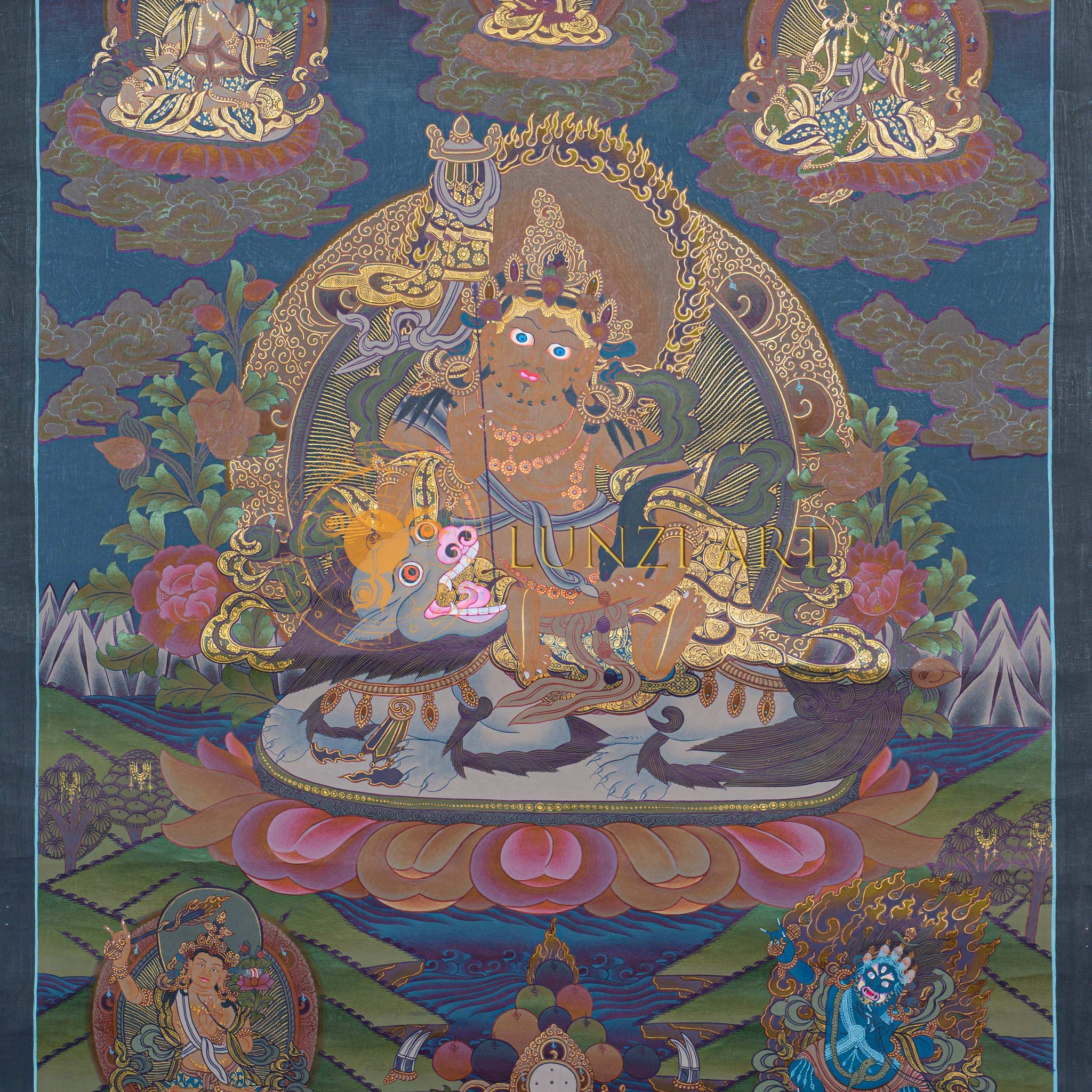 Hand-Painted Lion Jambhala Thangka - Thangka