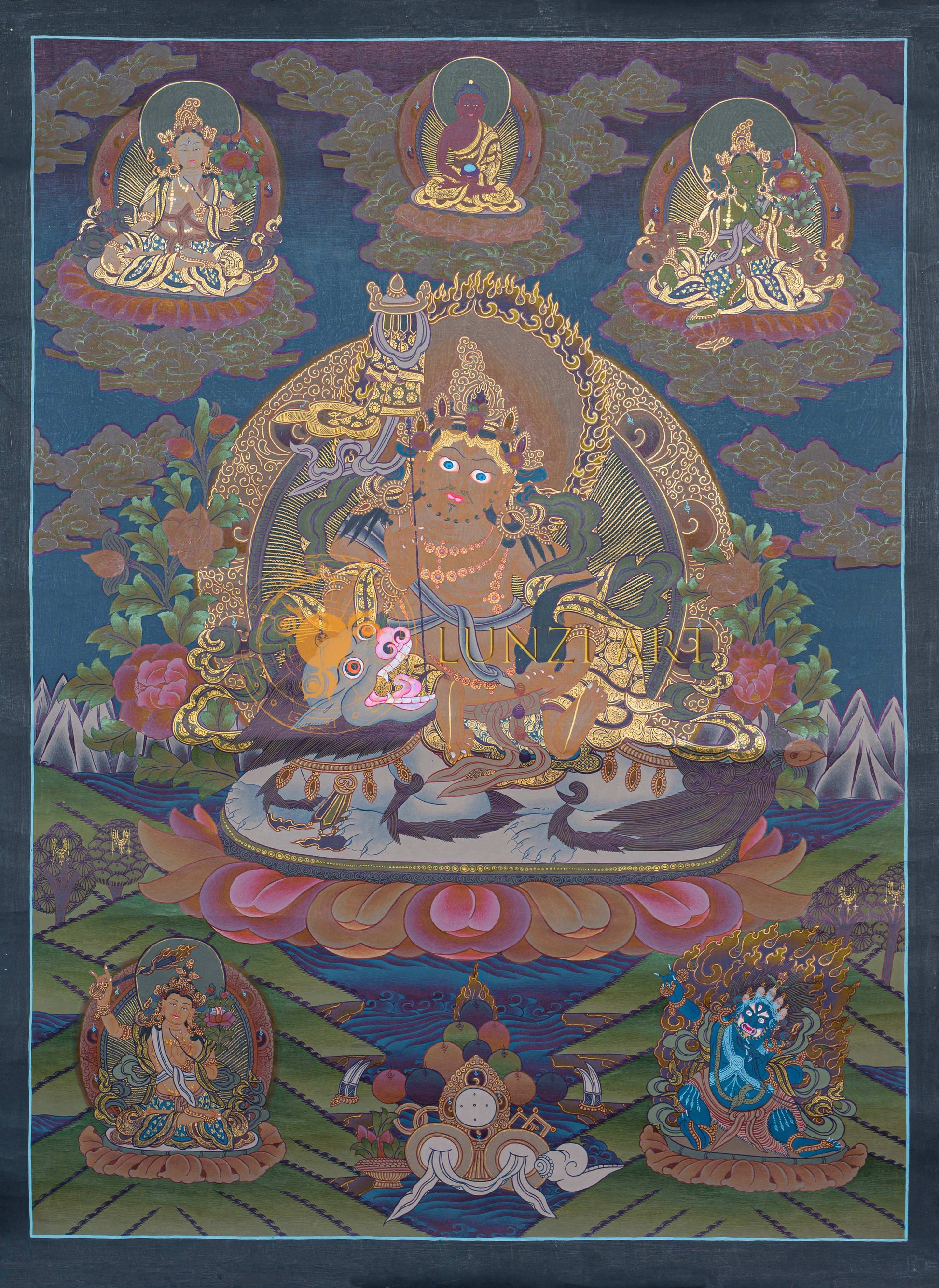 Hand-Painted Lion Jambhala Thangka - Thangka