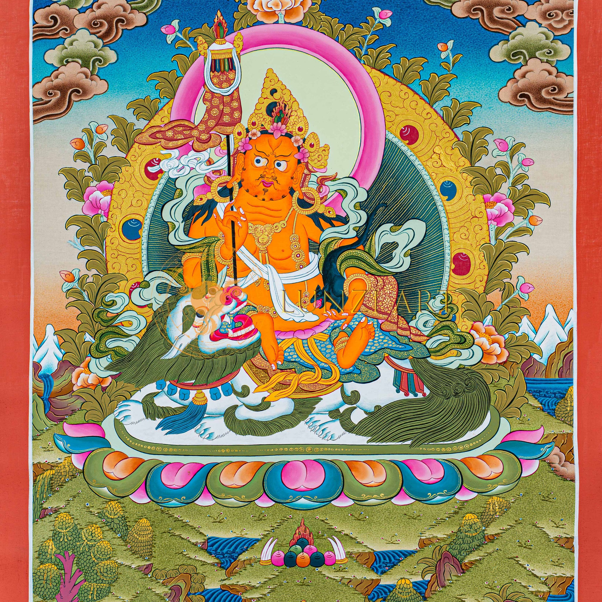 Hand-Painted Lion Jambhala Thangka - Thangka