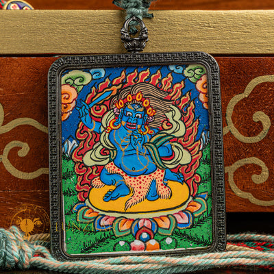 Hand-Painted Mahakala Locket Thangka: The Supreme Protector - L-M-0019