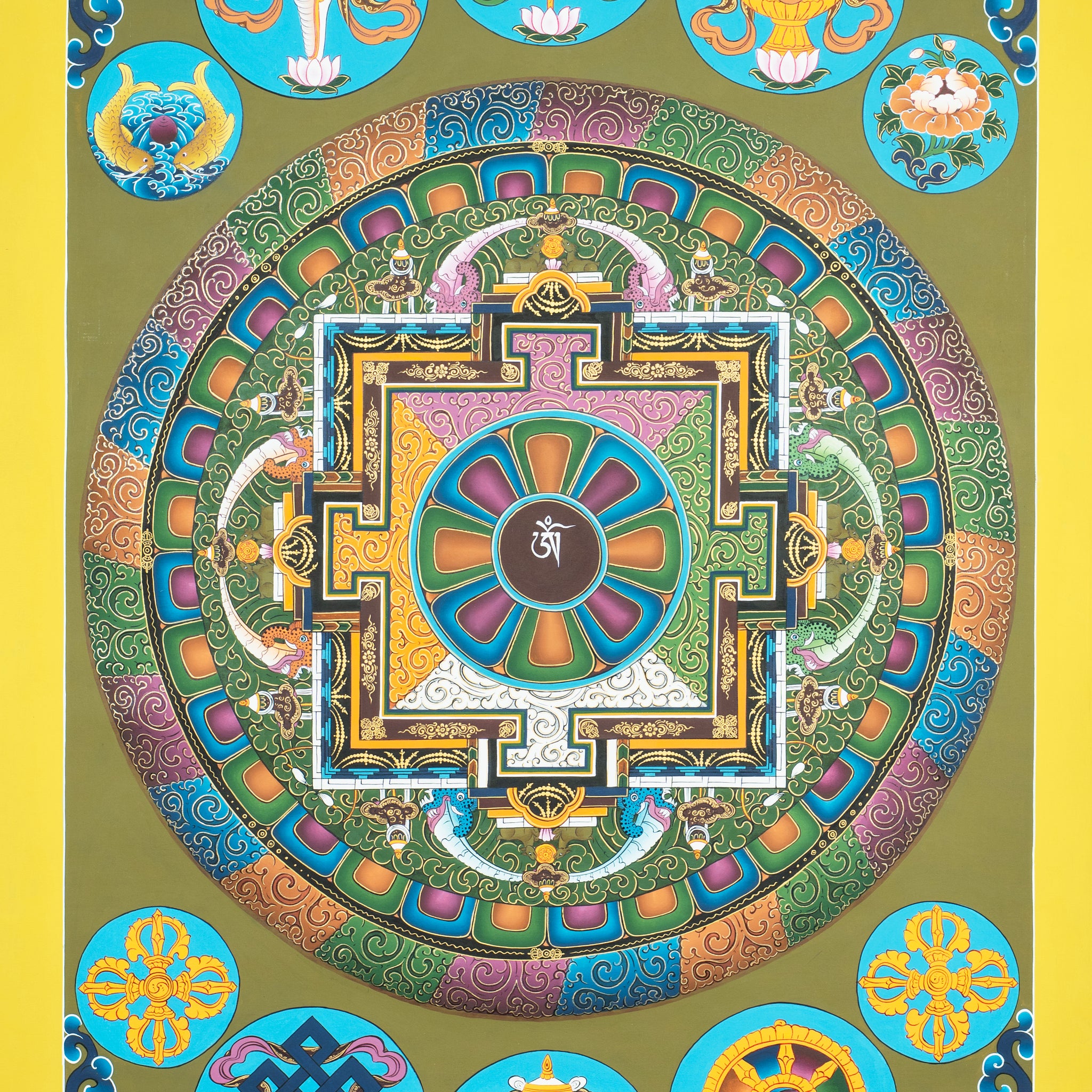 Hand Painted Mandala Thangka of the Eight Auspicious Symbols – Gateway to Blessings and Inner Harmony - Thangka