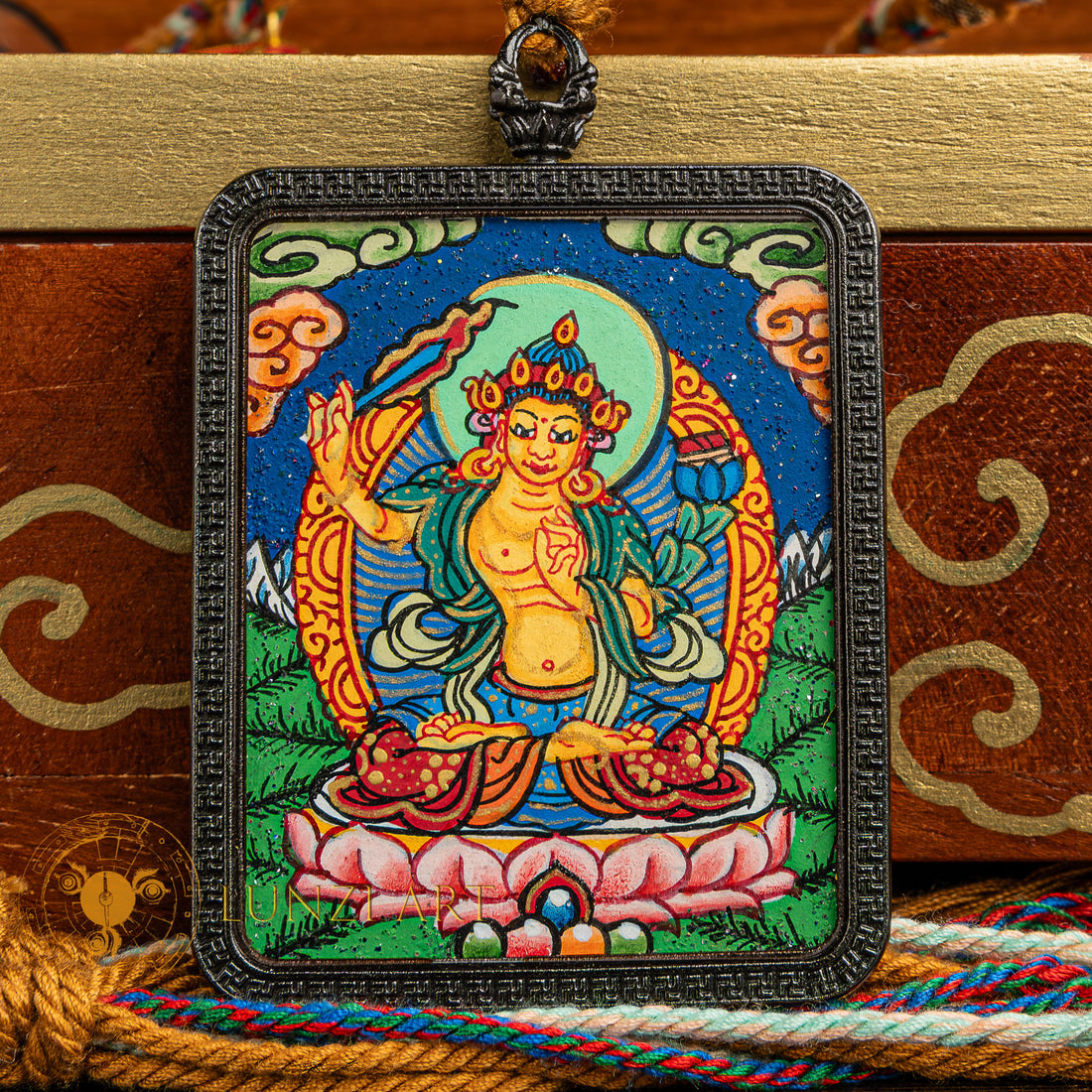 Hand-Painted Manjushree Locket Thangka: The Igniter of Supreme Intelligence - L-M-0020