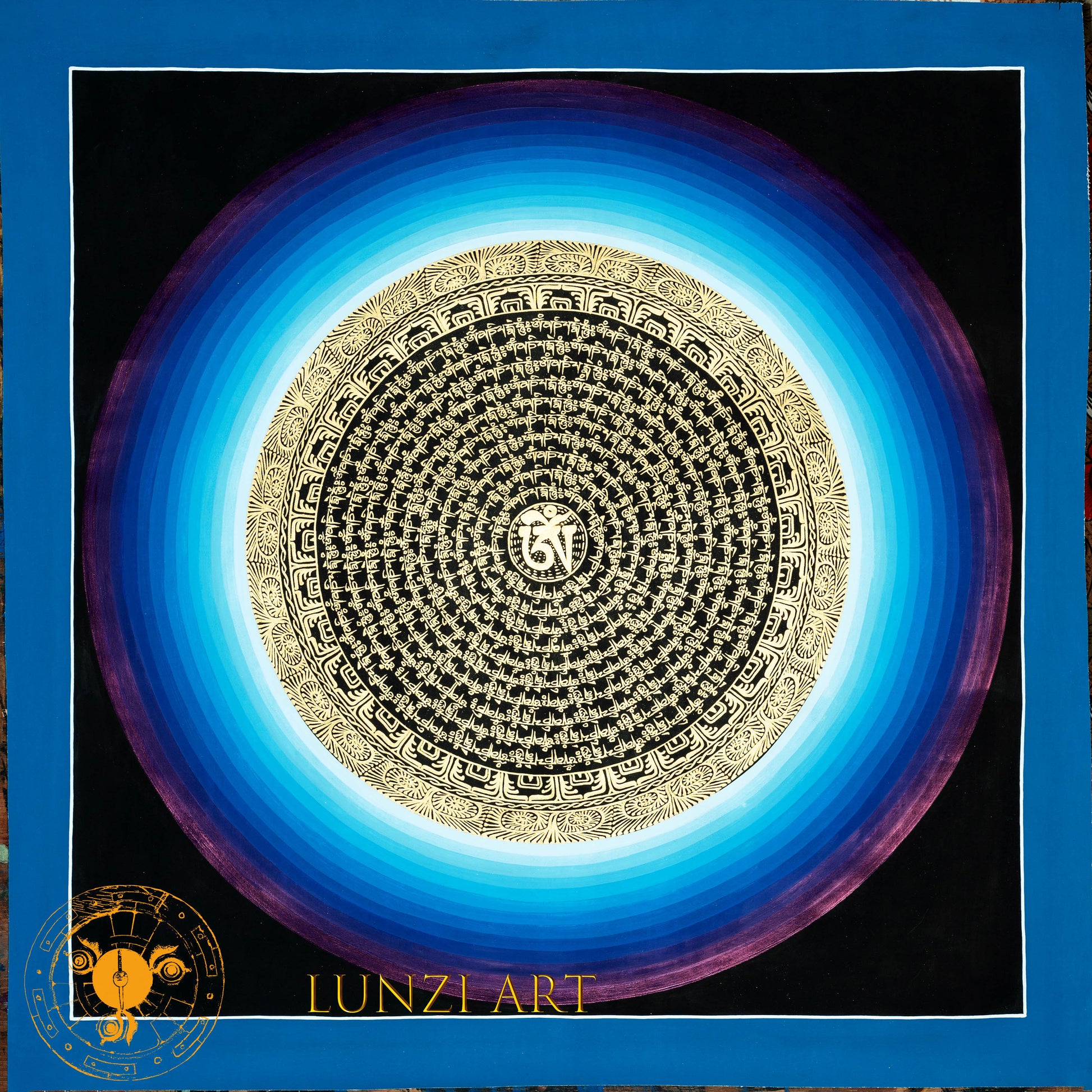 Hand Painted Mantra Mandala “Blue, Black and Gold Style Mandala” - Thangka