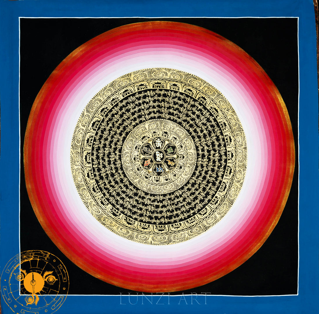 Hand Painted Mantra Mandala Thangka “Red Black and Gold Style Mandala” - Thangka