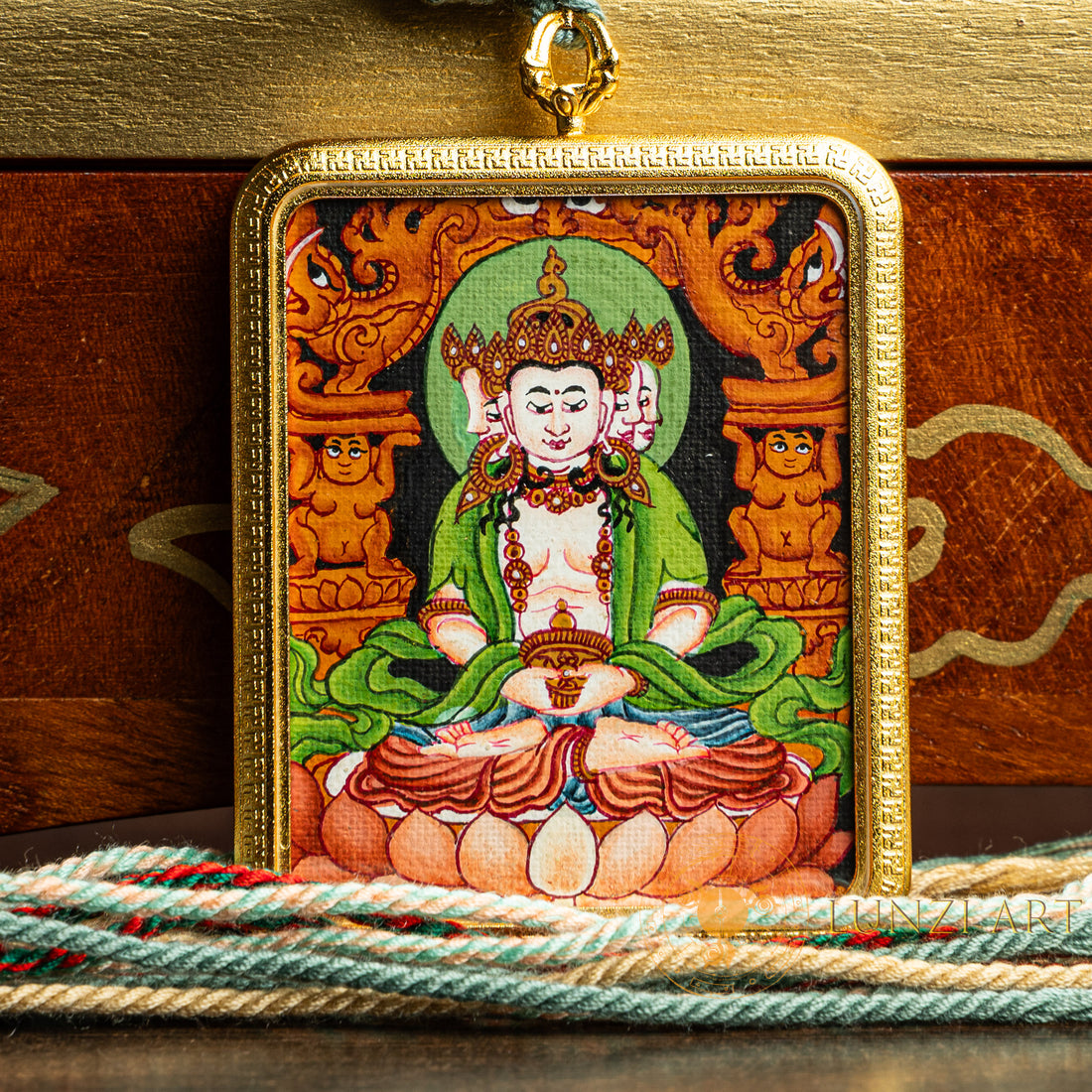 Hand-Painted Vairocana Buddha Rectangular Locket (Ghau) Thangka - L-V-61